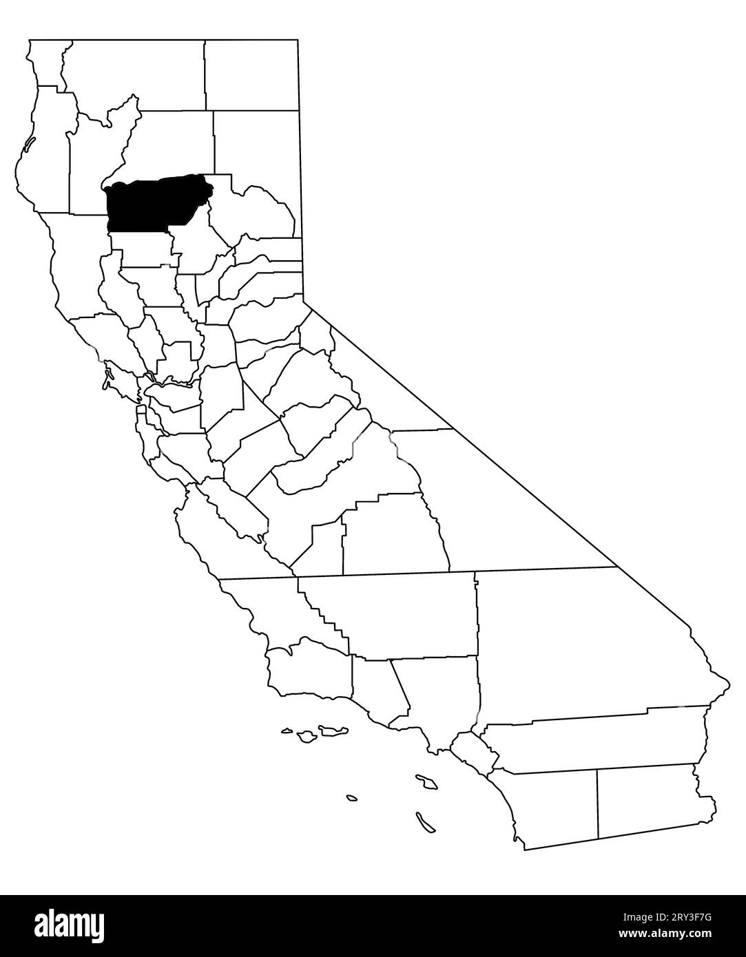 Karte von tehama County im kalifornischen Bundesstaat auf weißem Hintergrund. Single County Karte, schwarz hervorgehoben auf der kalifornischen Karte. USA, USA Stockfoto