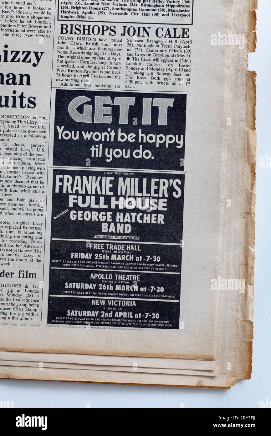 ConcertAdvertising in der 1970er-Ausgabe des NME New Musical Express Music Paper Stockfoto