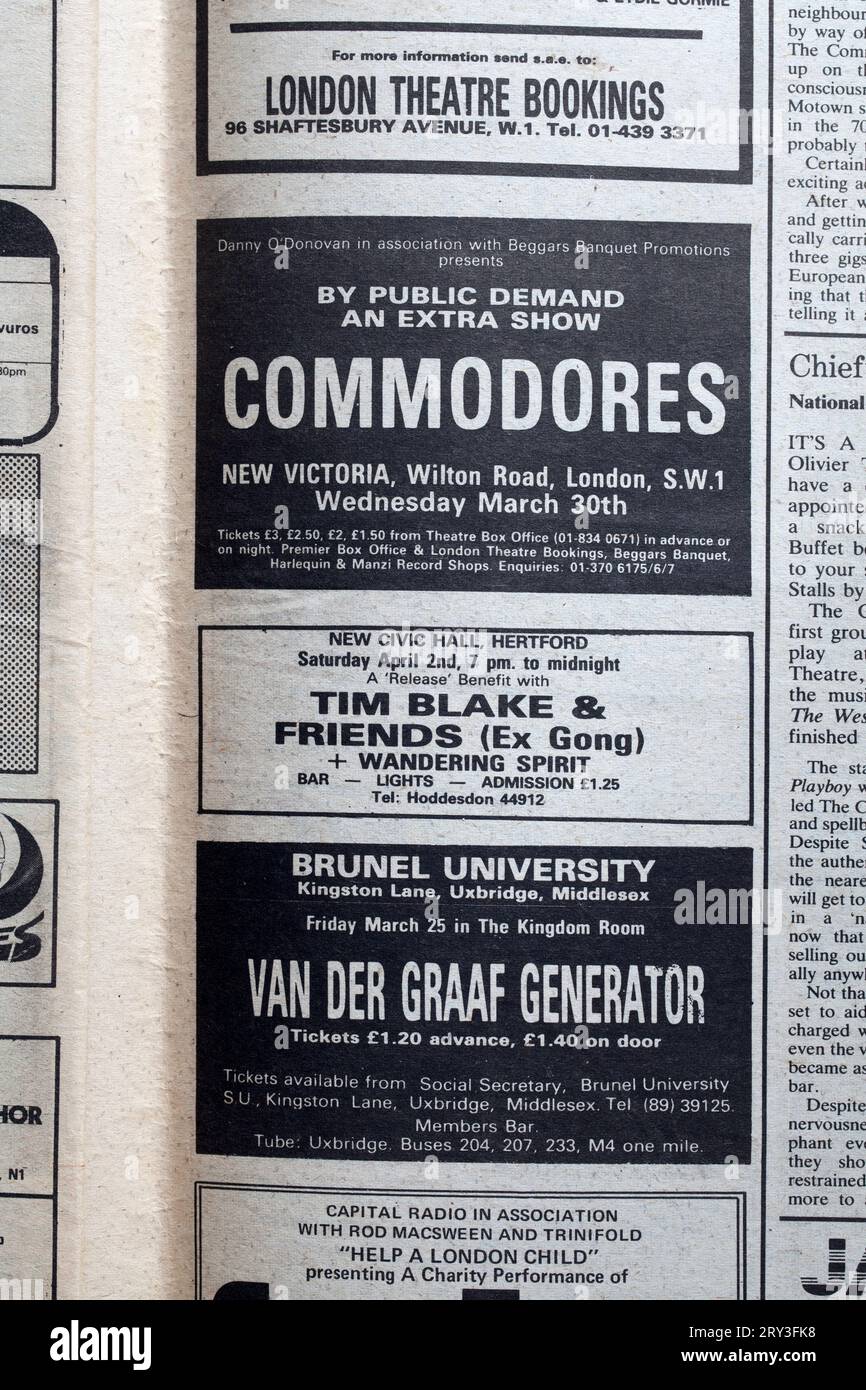 ConcertAdvertising in der 1970er-Ausgabe des NME New Musical Express Music Paper Stockfoto