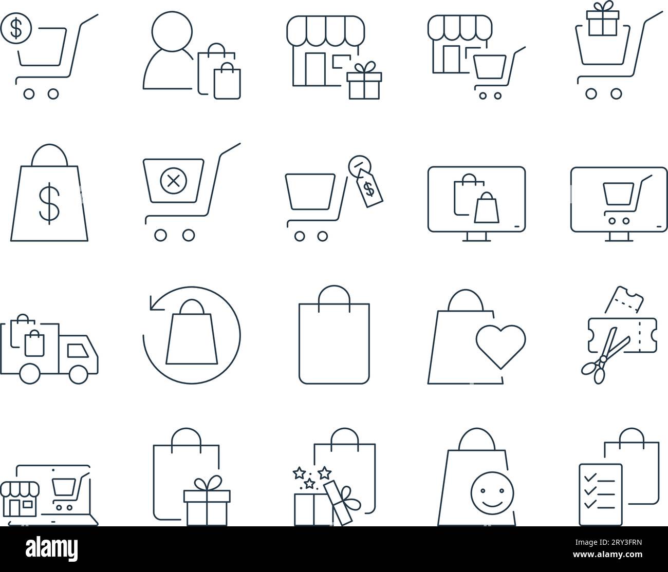 Einkaufssymbole Eingestellt. Laden, Einkaufen, Black Friday, Kaufen. Bearbeitbare Kontur. Vektorsammlung Mit Einfachen Symbolen Stock Vektor