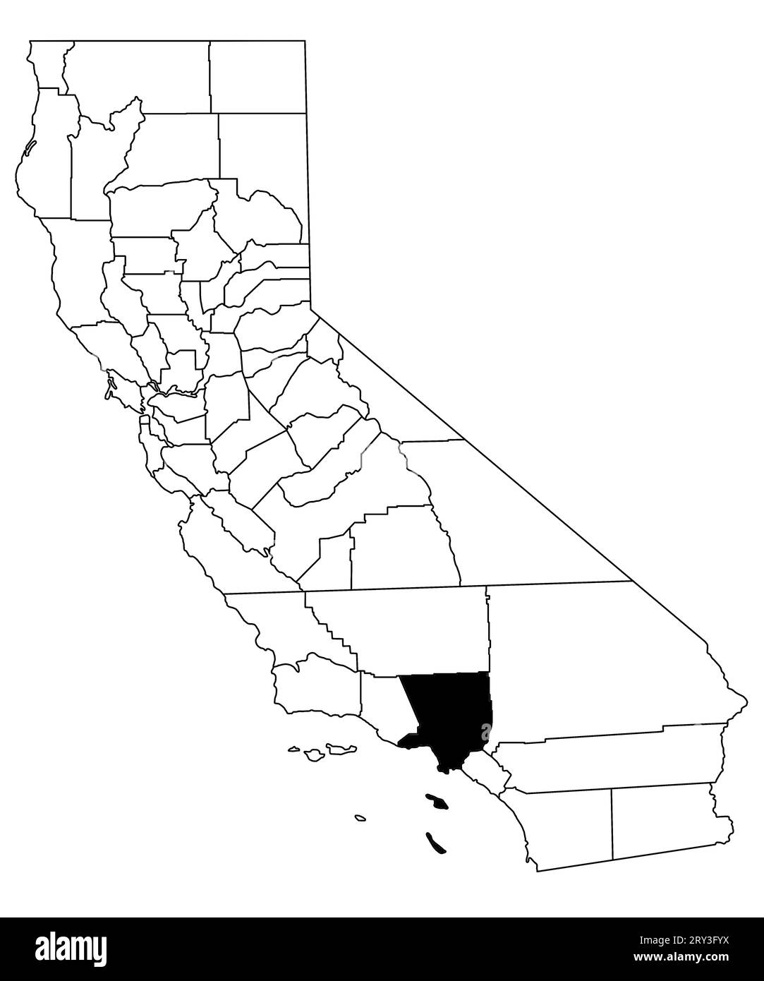 Karte von Los Angeles County im kalifornischen Bundesstaat auf weißem Hintergrund. Single County Karte, schwarz hervorgehoben auf der kalifornischen Karte. USA, USA Stockfoto