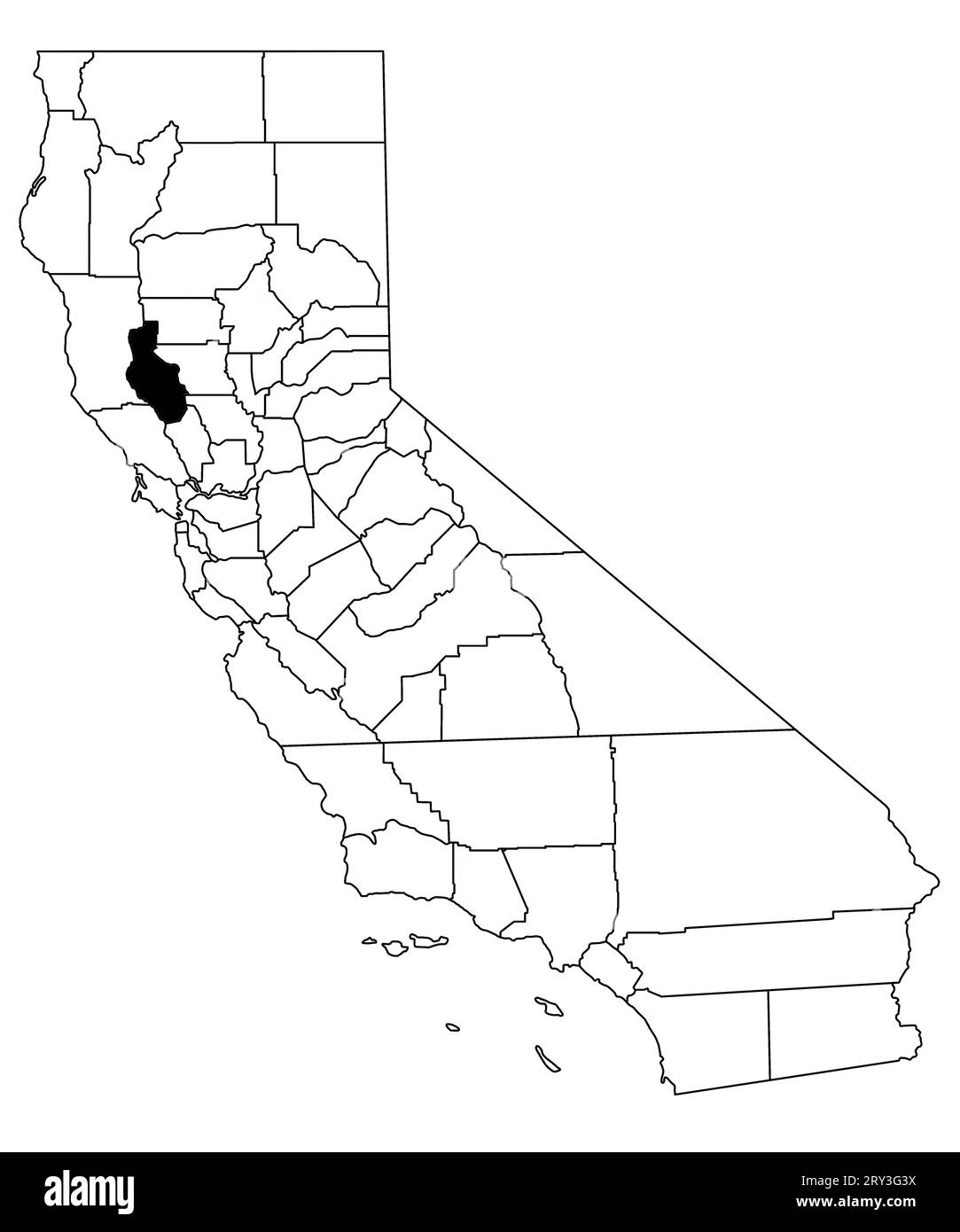 Karte von Lake County im Bundesstaat Kalifornien auf weißem Hintergrund. Single County Karte, schwarz hervorgehoben auf der kalifornischen Karte. USA, USA Stockfoto
