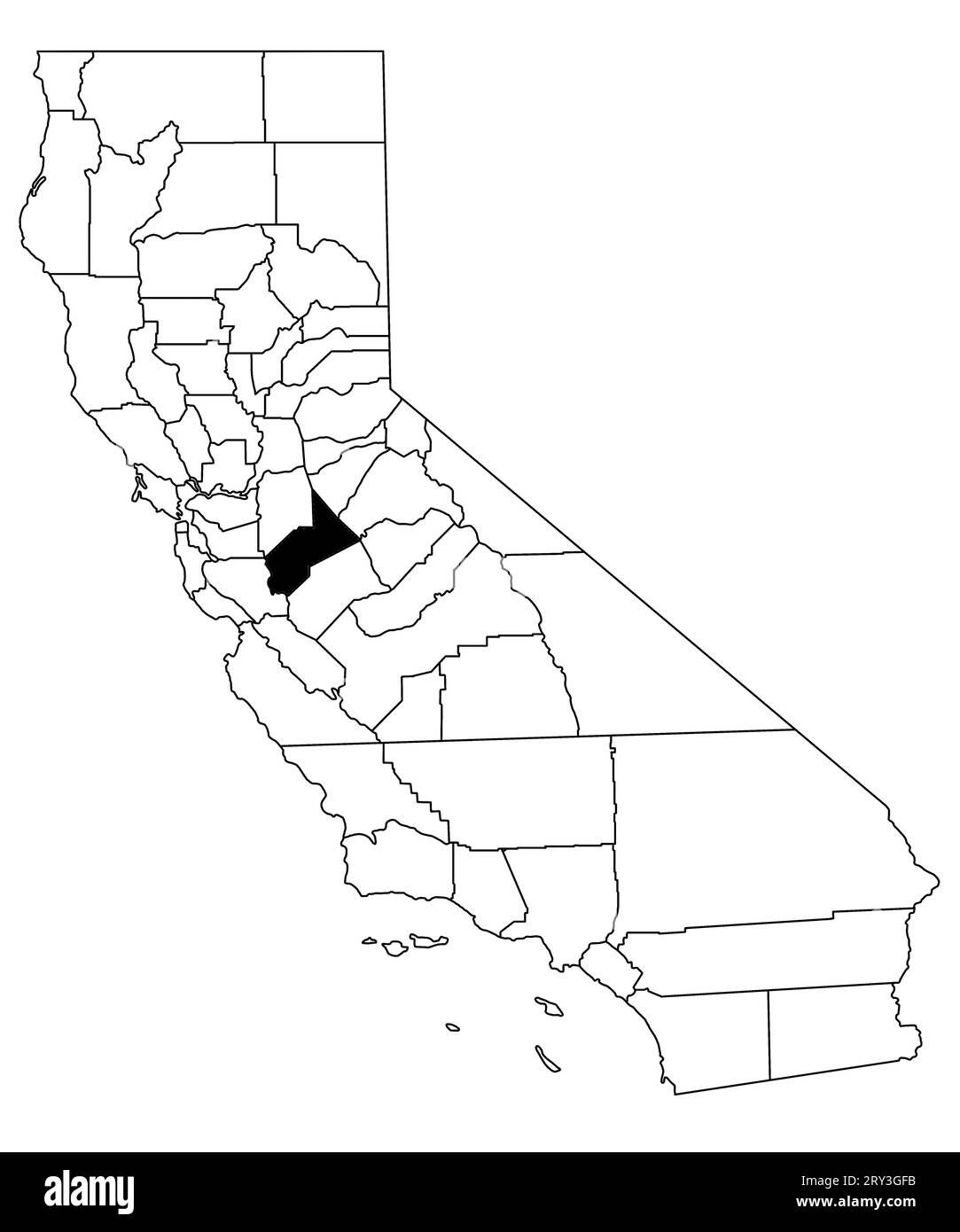 Karte von stanislaus County im kalifornischen Bundesstaat auf weißem Hintergrund. Single County Karte, schwarz hervorgehoben auf der kalifornischen Karte. USA, USA Stockfoto