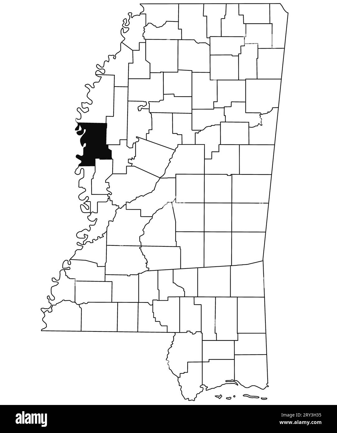Karte von Washington County im Bundesstaat Mississippi auf weißem Hintergrund. Single County Karte, schwarz hervorgehoben auf Mississippi Karte. Vereinigte Staaten von Stockfoto