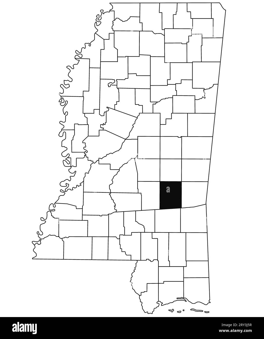 Karte von Jasper County im Bundesstaat Mississippi auf weißem Hintergrund. Single County Karte, schwarz hervorgehoben auf Mississippi Karte. Vereinigte Staaten von Amer Stockfoto
