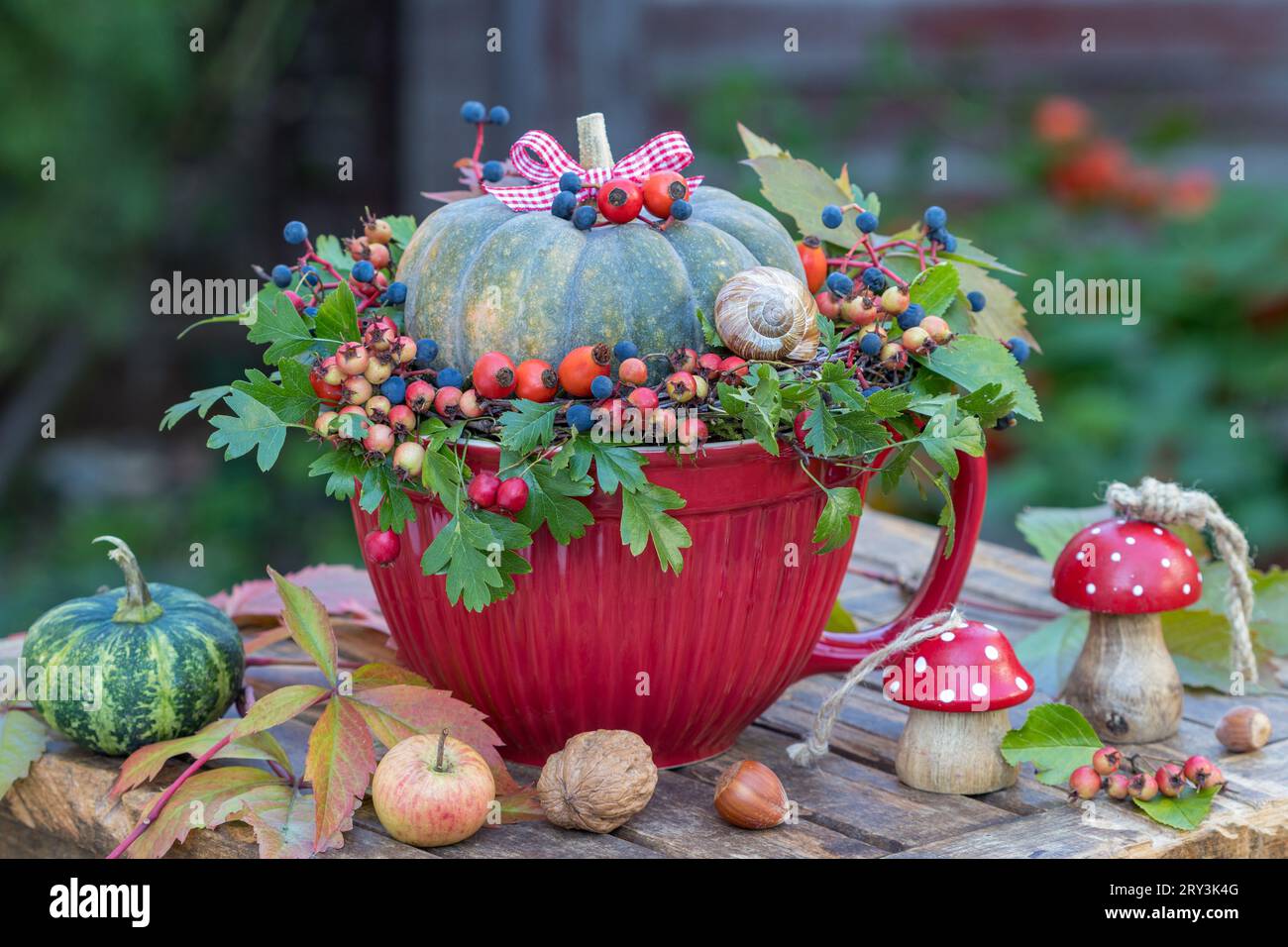 Herbstarrangement mit Kürbis und Blumenkranz, Rosenknospen, virginia-Creeper-Beeren und Krabbenäpfeln in einer Porzellan-Backform Stockfoto