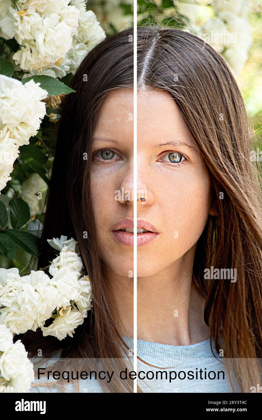 Das Gesicht eines jungen Mädchens mit Frequenzverarbeitung einer Hälfte des Gesichts und ohne Verarbeitung der zweiten Hälfte des Gesichts, Beispielfoto vor einem Stockfoto