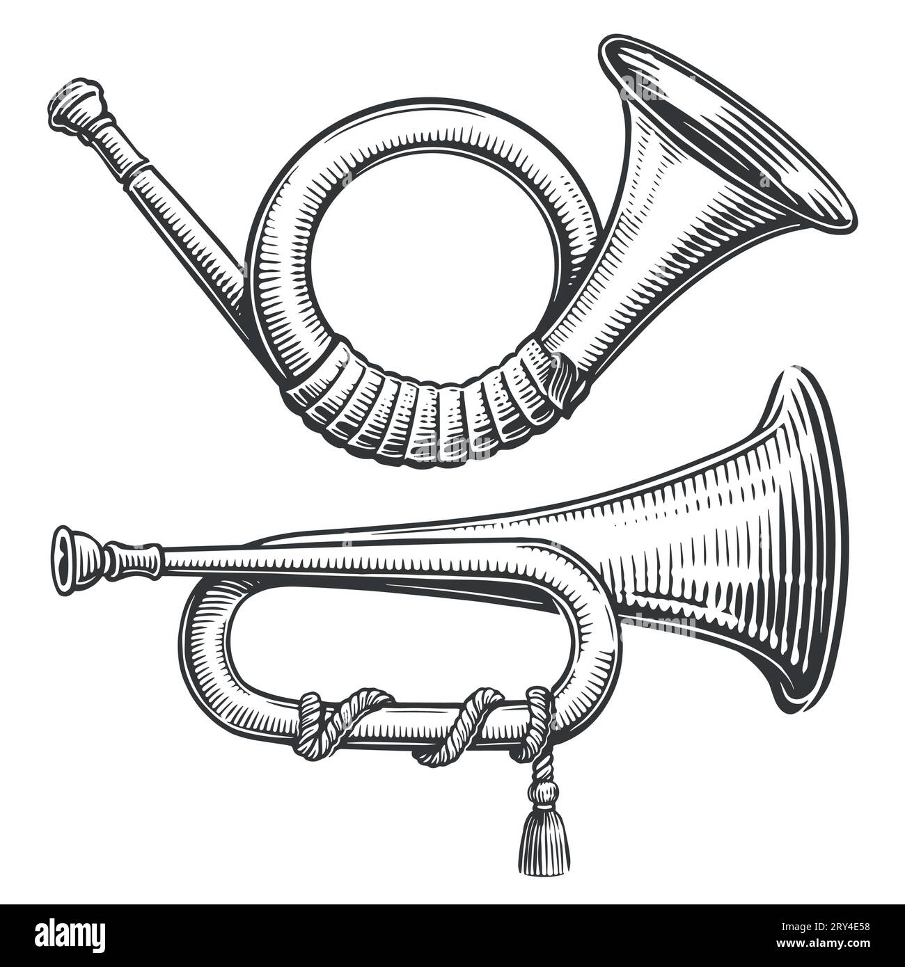 Vintage-Hupe oder Jagdhorn. Handgezeichnete Skizzenvektorillustration im Gravurstil Stock Vektor