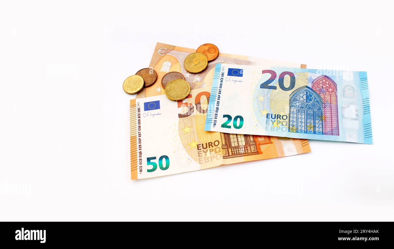 Fünfundzwanzig Euro-Scheine und -Münzen Stockfoto
