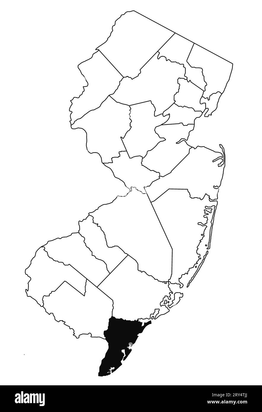 Karte von Cape May County im Bundesstaat New Jersey auf weißem Hintergrund. Single County Karte mit schwarzer Farbmarkierung auf der Karte des neuen Trikots . Stockfoto