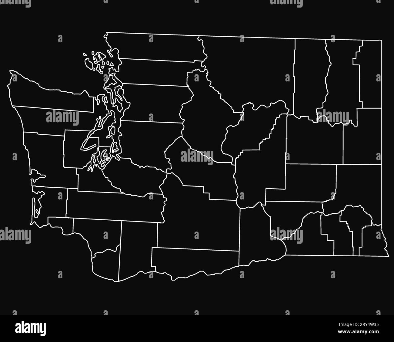 Hoch detaillierte Illustration Karte isoliert auf schwarzem Hintergrund - Washington State mit County Stockfoto