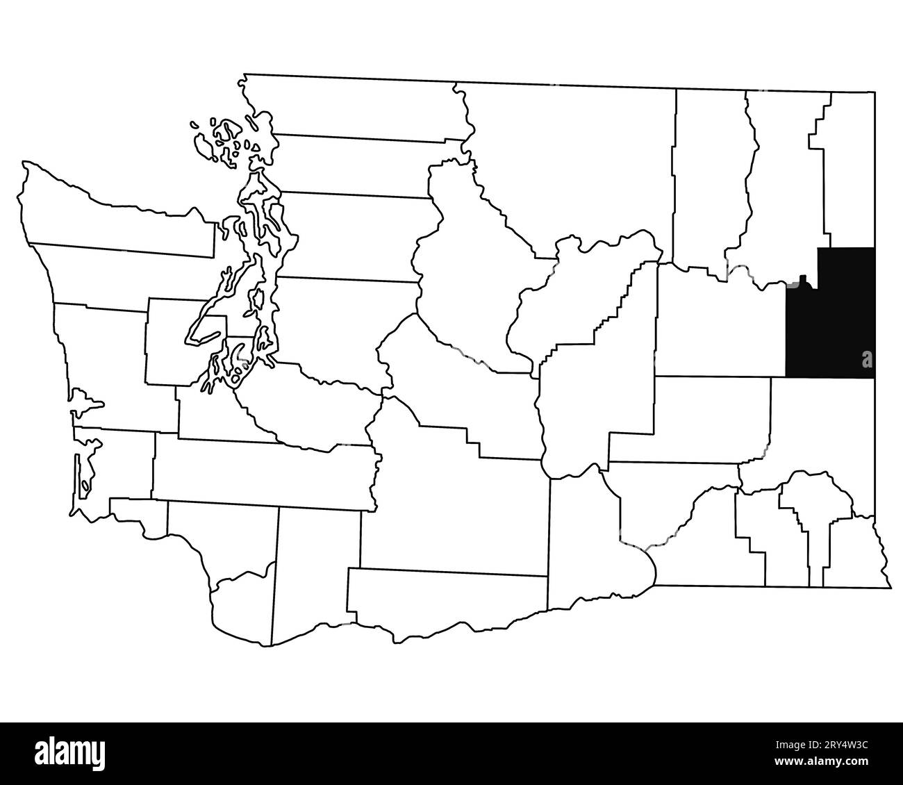 Karte von Spokane County im Bundesstaat Washington DC auf weißem Hintergrund. Single County Karte, schwarz hervorgehoben auf WASHINGTON Karte. USA, USA Stockfoto