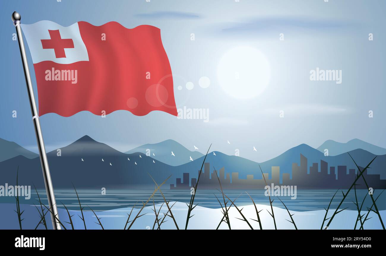 Tonga-Flagge mit Sonnenhintergrund aus Bergen und Seen Stock Vektor