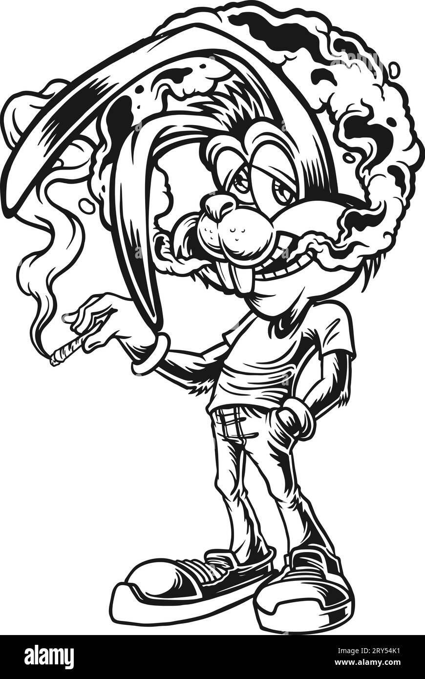 Psychedelic Bunny Mind Blowing Smoke Weed Outline Vektor Illustrationen für Ihr Firmenlogo, Merchandise-T-Shirt, Aufkleber und Label Designs, Poster, gr Stock Vektor