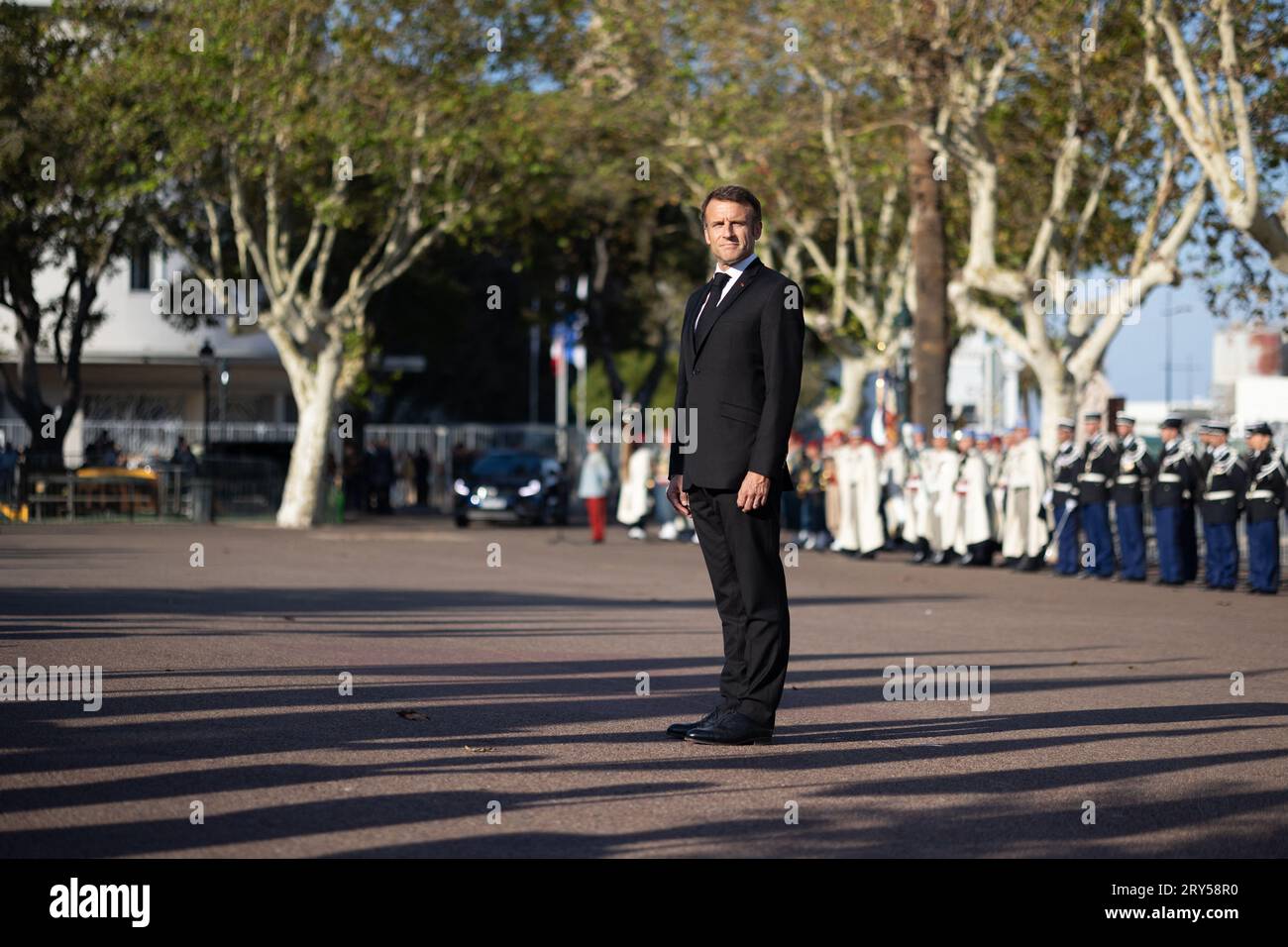 Bastia, Frankreich. September 2023 28. Der französische Präsident Emmanuel Macron feierte am 28. September 2023 im Rahmen seiner dreitägigen Reise nach Korsika den 80. Jahrestag der Befreiung Korsikas in Bastia. Foto: Raphael Lafargue/ABACAPRESS.COM Credit: Abaca Press/Alamy Live News Stockfoto