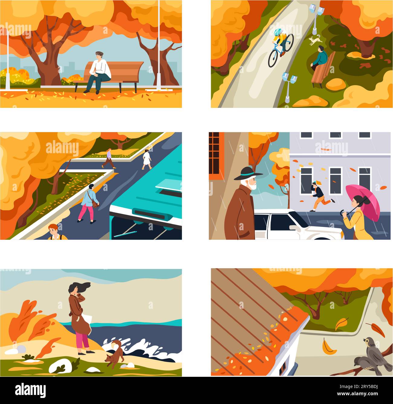 Herbstparkweg und Menschen, saisonales Wetter Stock Vektor