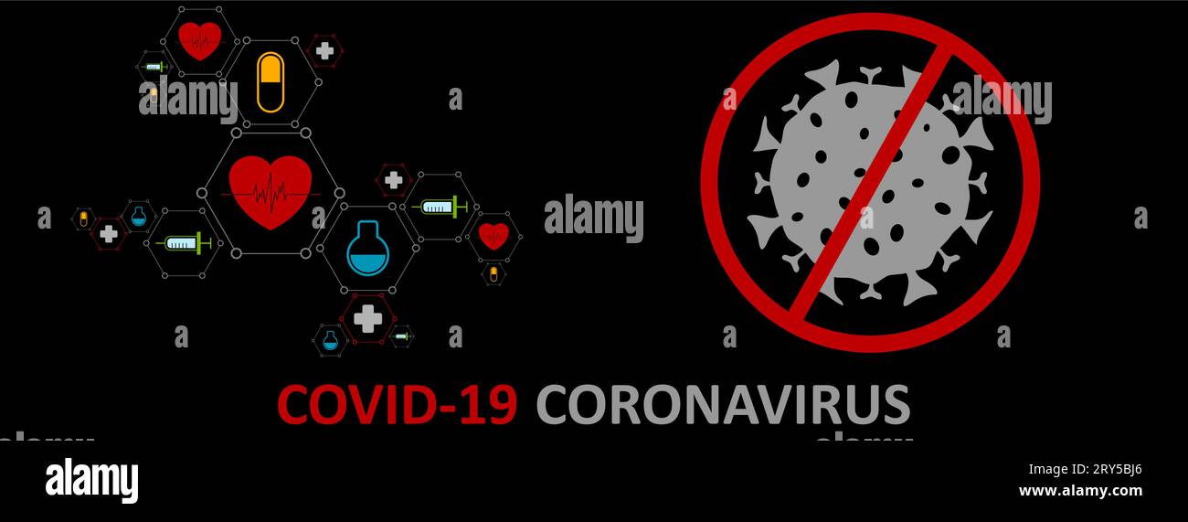 Coronavirus COVID-19 medizinischer abstrakter Hintergrund mit Bakterium und rotem Stoppzeichen. Banner für Vektortechnologie Stock Vektor