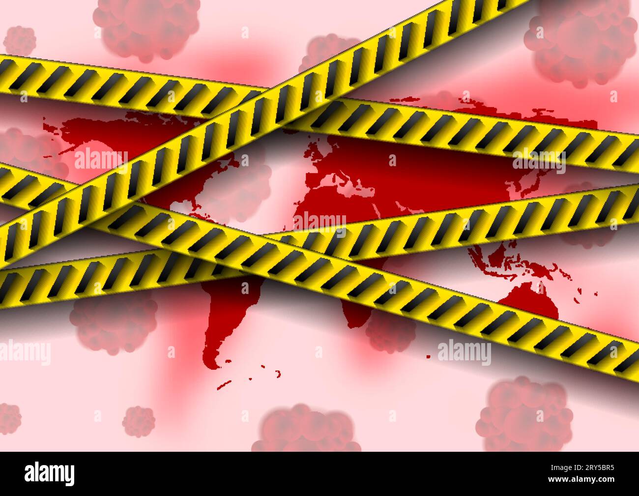 Rot infizierte Welt und orange Gefahrbänder. Coronavirus COVID-19 abstrakter Hintergrund der Quarantäne Stock Vektor