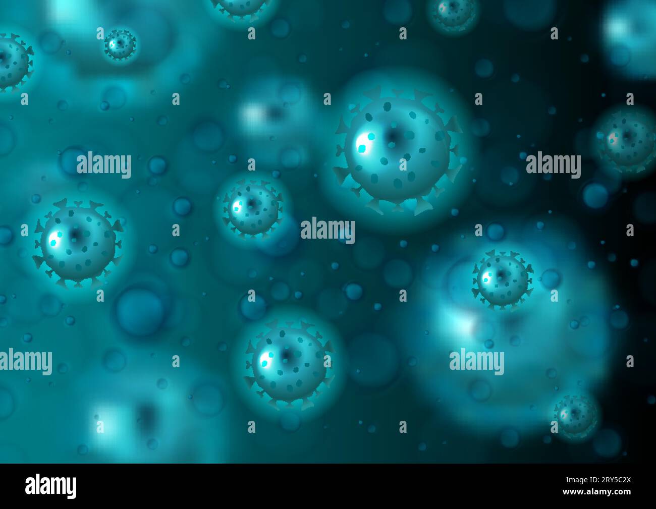 Dunkelblauer abstrakter Bokeh-Hintergrund mit COVID-19-Bakterienzellen. Vektordesign Stock Vektor
