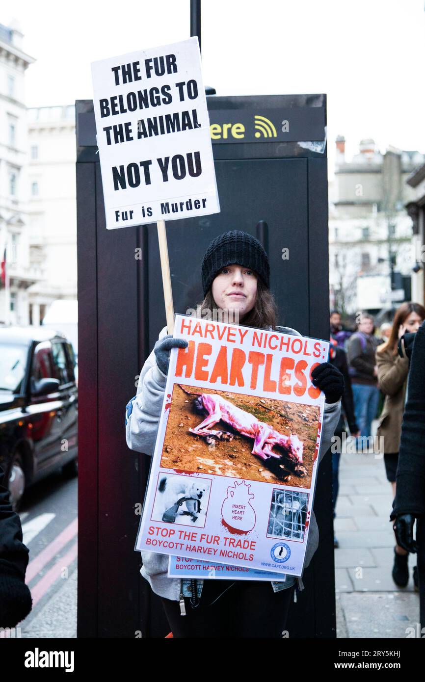 Tierschutzproteste vor Harvey Nichols London 30. November 2013 - Junge weibliche Demonstrantin mit Schild Stockfoto