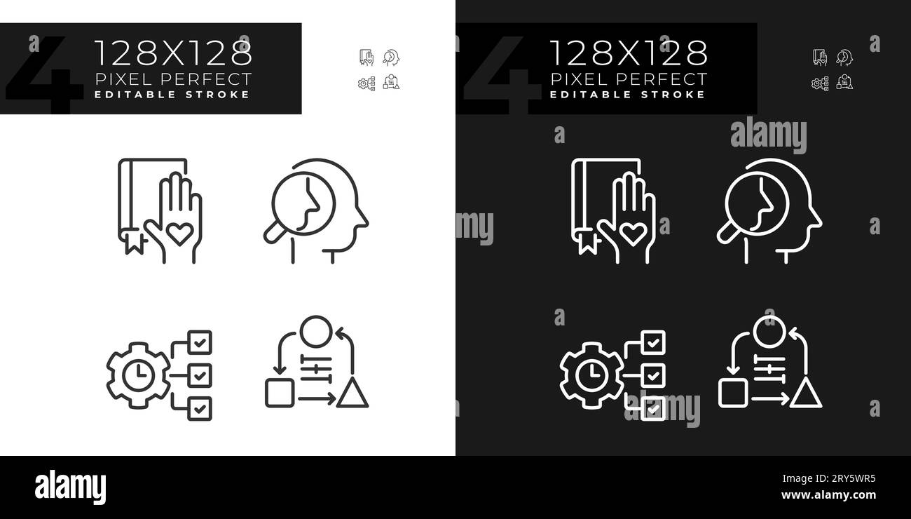 2D bearbeitbare Pixel perfekte Soft Skills-Symbole für Dunkelheit und Licht Stock Vektor