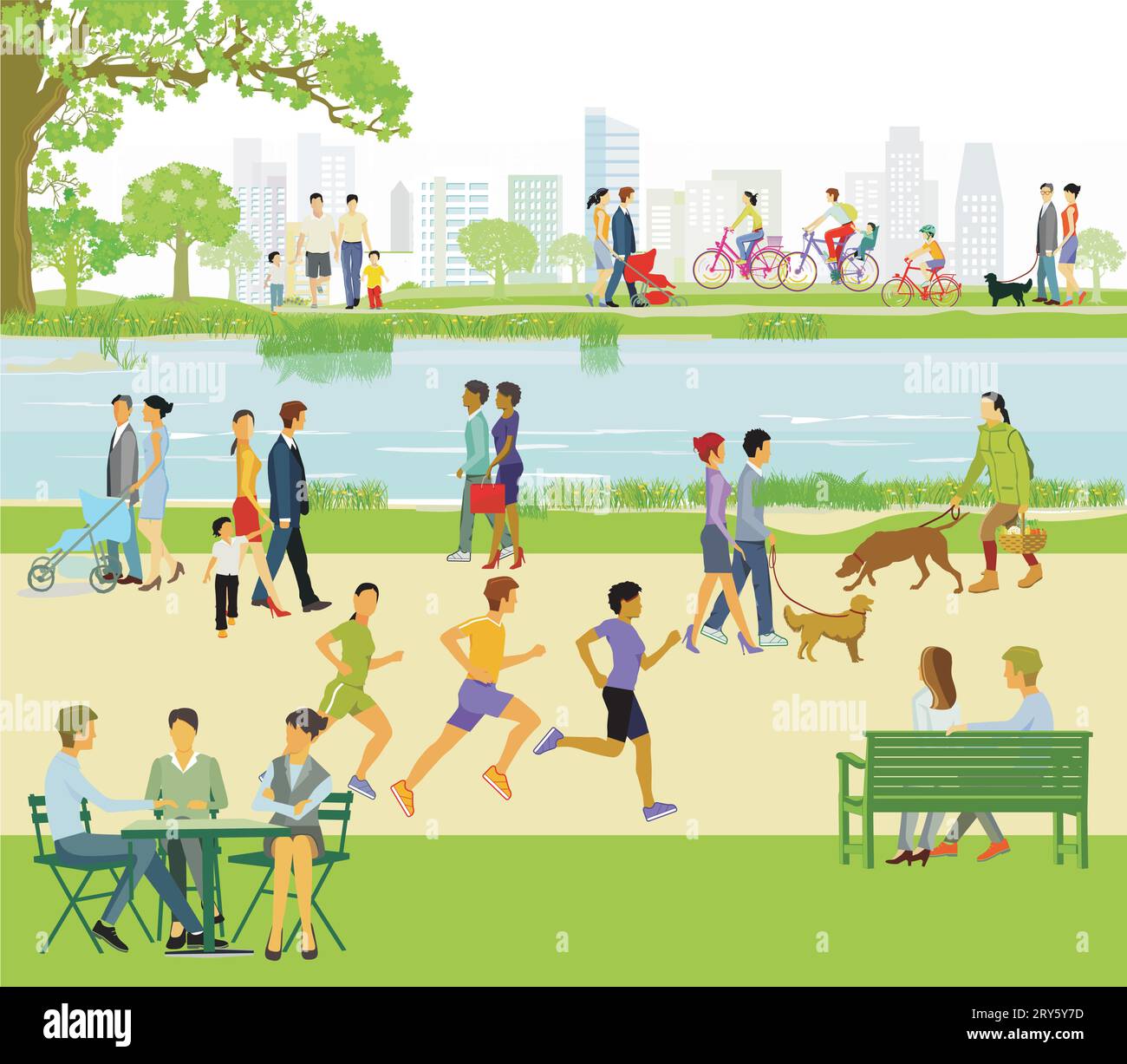 Gruppen von Menschen am Wasser mit Familien, Eltern und Kindern, Illustration Stock Vektor