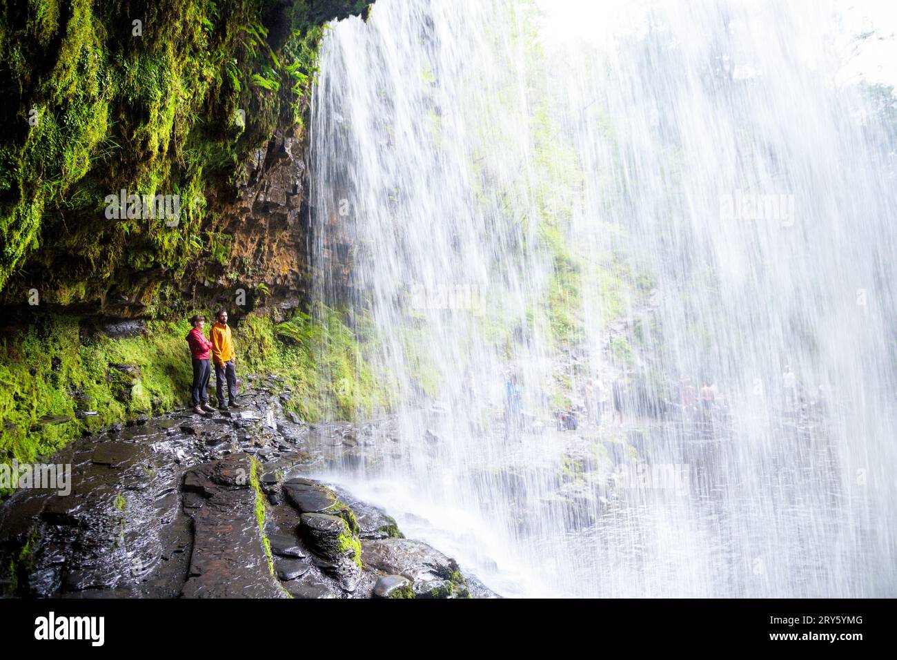 Menschen, die hinter dem Sgwd Yr Eira Wasserfall, Four Waterfalls Walk, Brecon Beacons National Park, Wales, Großbritannien stehen Stockfoto