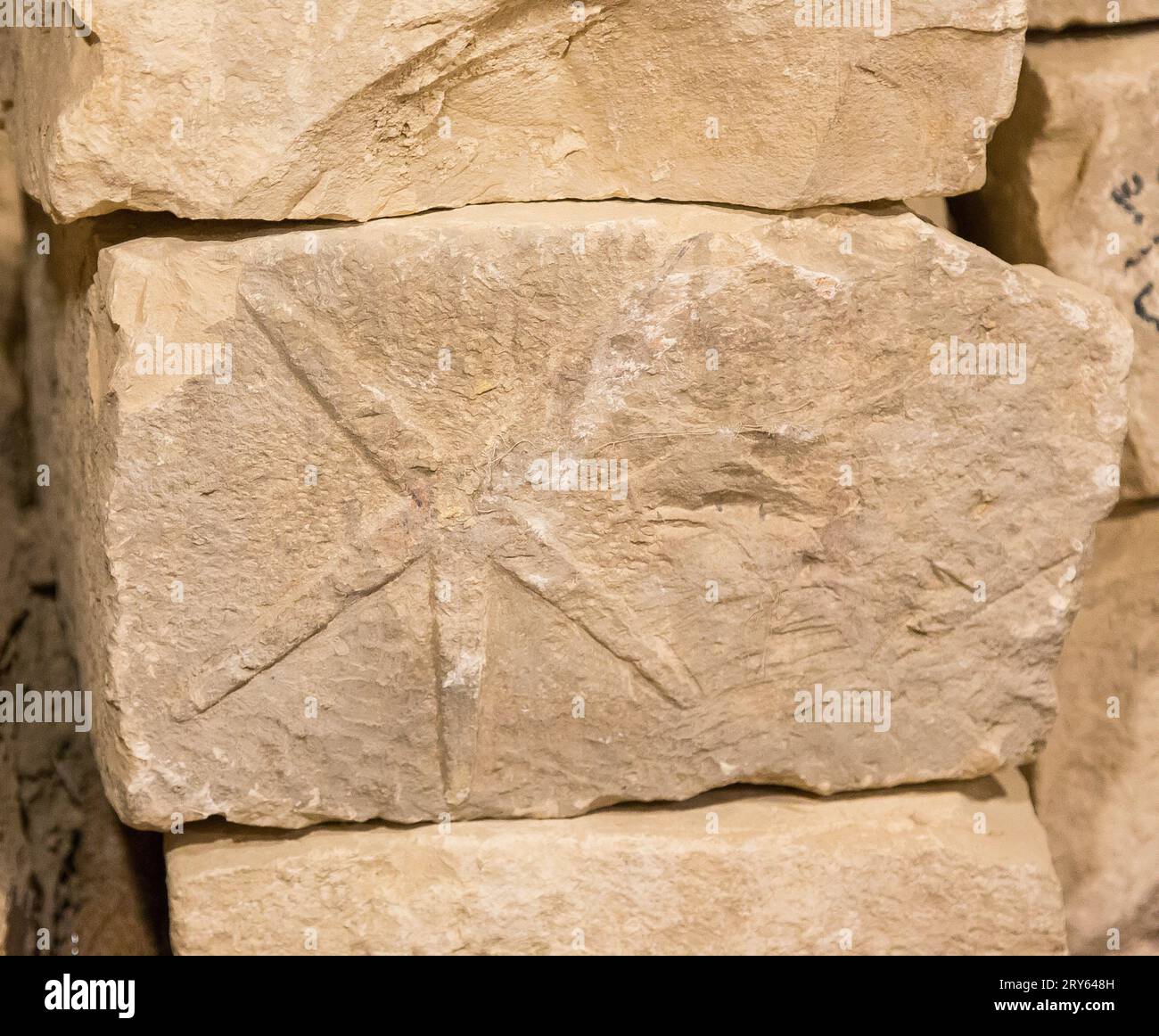 Ägypten, Sakkara, Djoser-Pyramide, Nordgrab, Teil einer gefallenen Decke, mit Sternen. Stockfoto