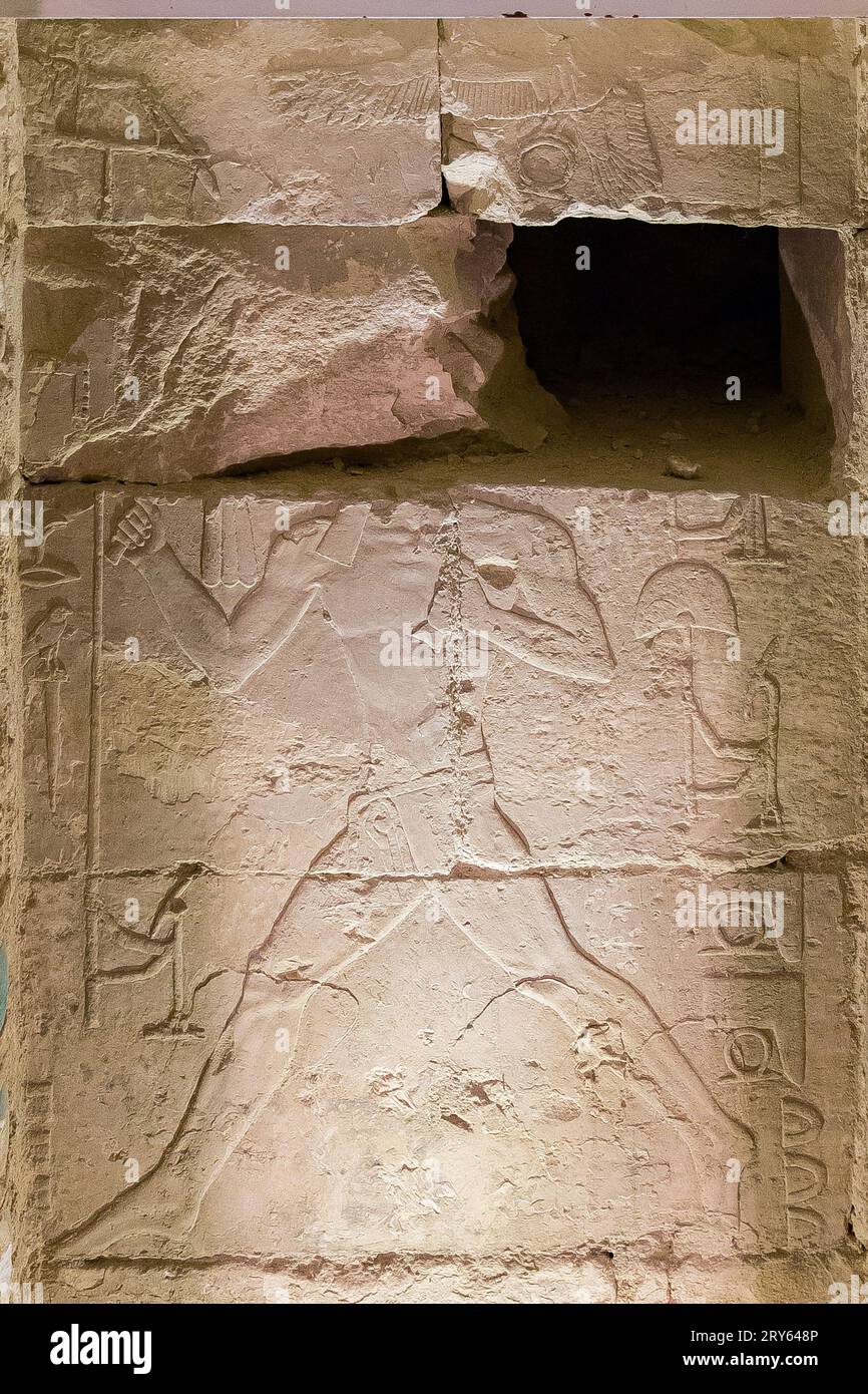 Ägypten, Sakkara, Djoser-Pyramide, Nordgrab, König Djoser Jubiläumszeremonie („SED-fest“) Darstellungen, in niedriger Erleichterung. Stockfoto