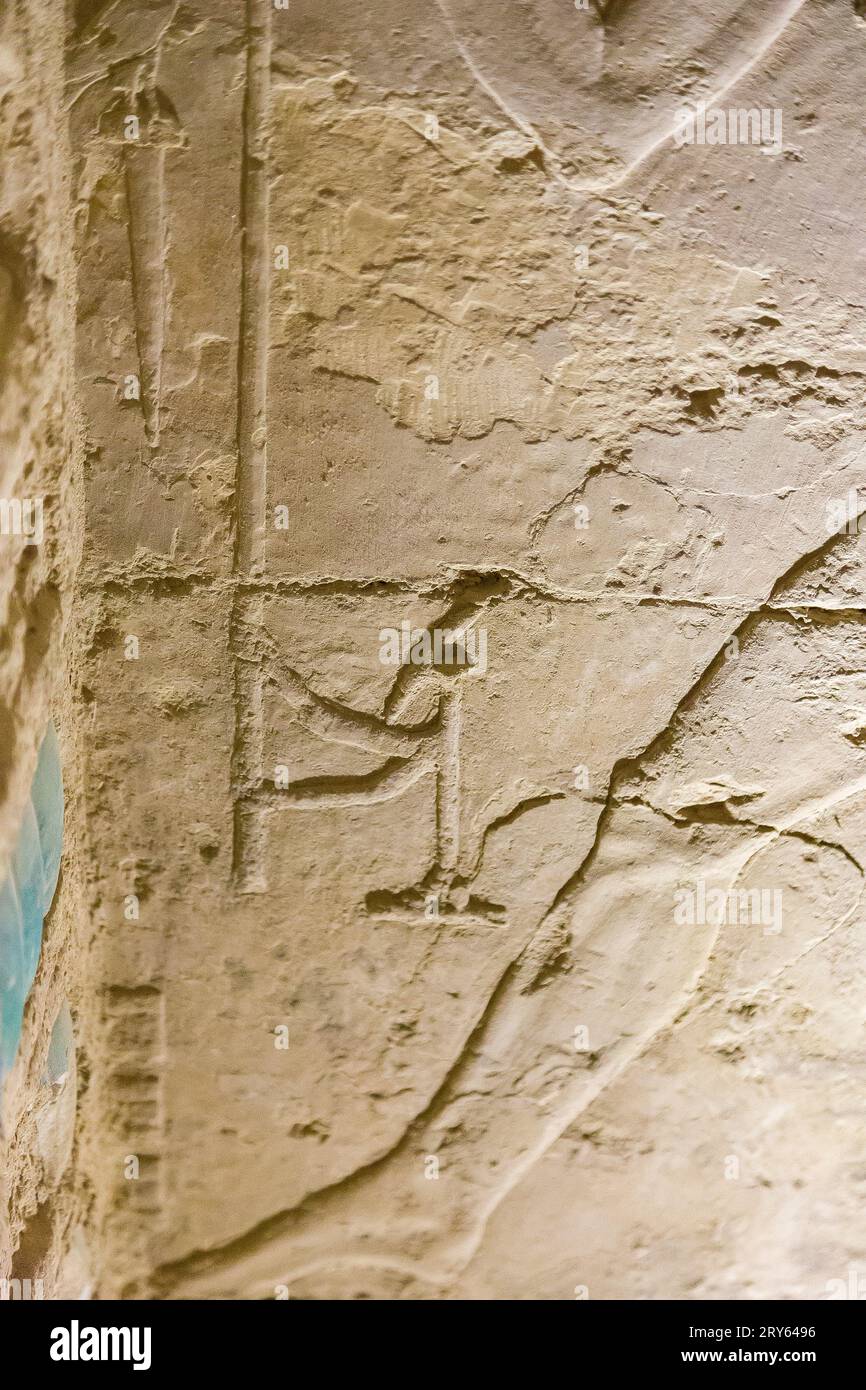 Ägypten, Sakkara, Djoser-Pyramide, Nordgrab, ein Detail von König Djoser Jubiläumszeremonie („SED-fest“), in niedriger Erleichterung. Stockfoto