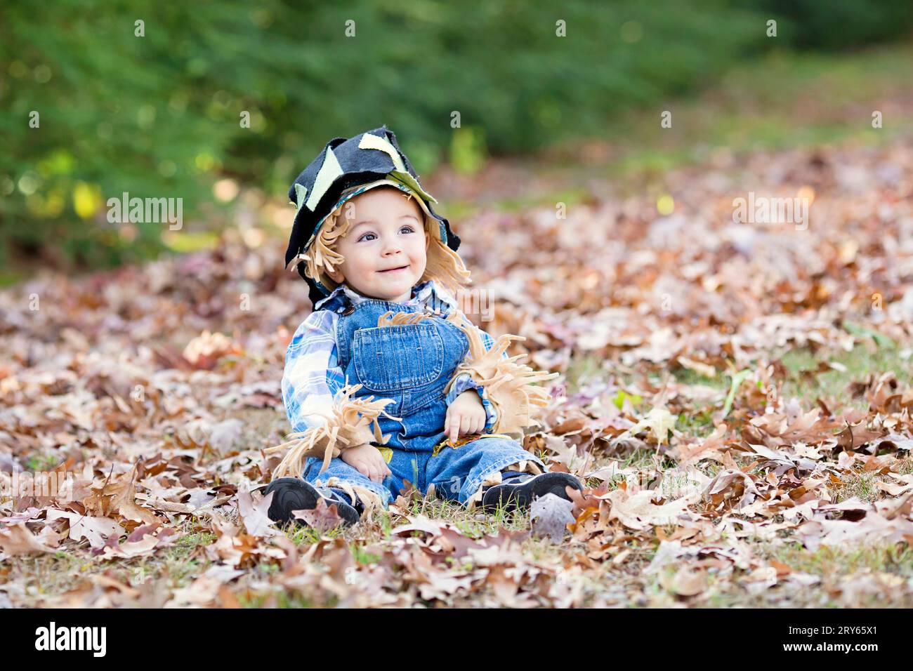 Niedlicher Junge im Vogelscheuchen-Kostüm unter Herbstlaub Stockfoto