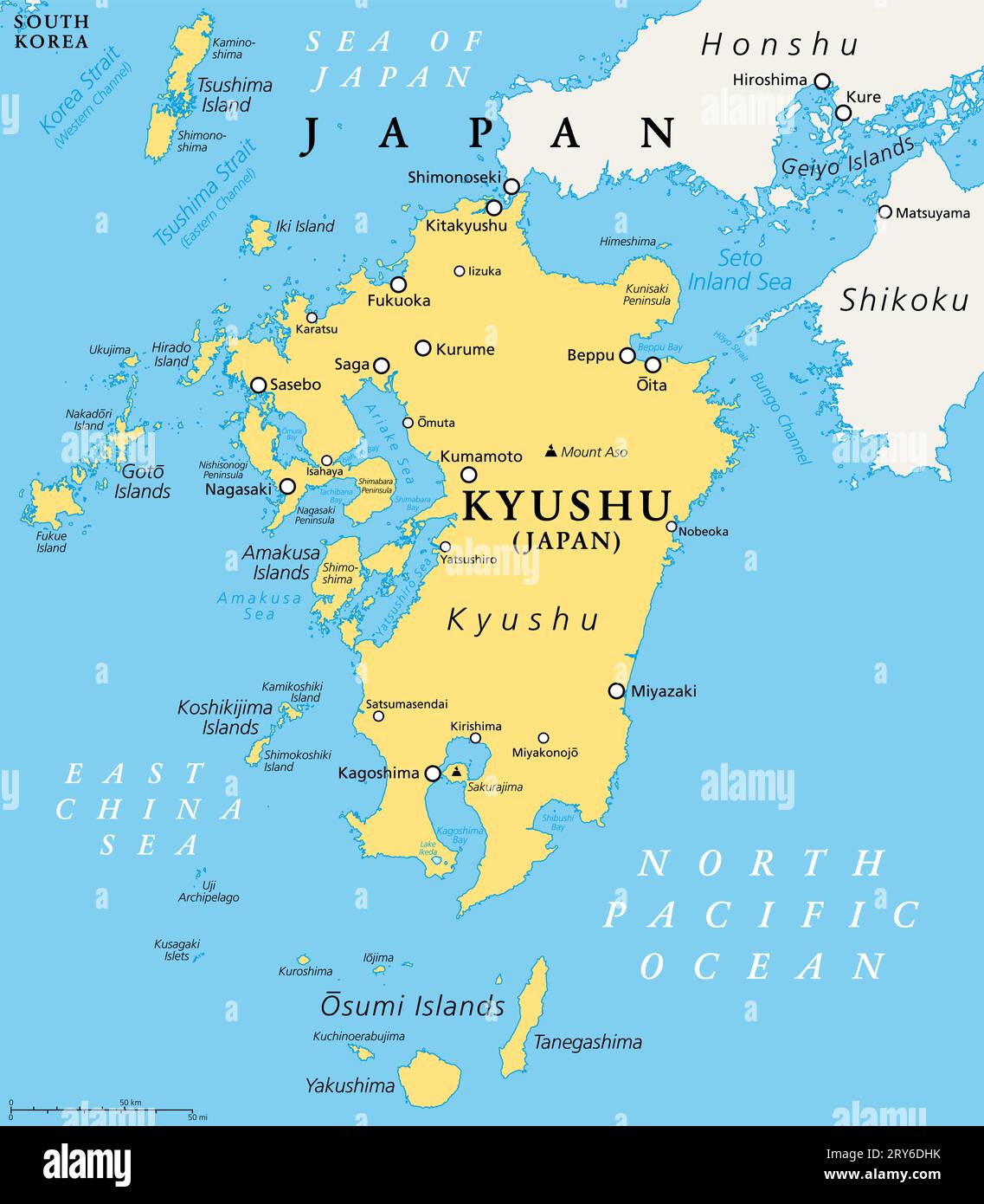Kyushu, politische Karte. Region von Japan und eine von fünf Hauptinseln südwestlich von Honshu und Shikoku, getrennt durch Seto Inland Sea. Stockfoto