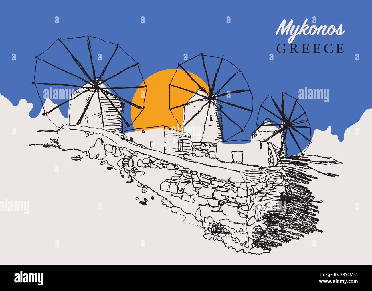 Vektor handgezeichnete Skizzenillustration der traditionellen ägäischen Windmühlen auf der griechischen Insel Mykonos. Stockfoto