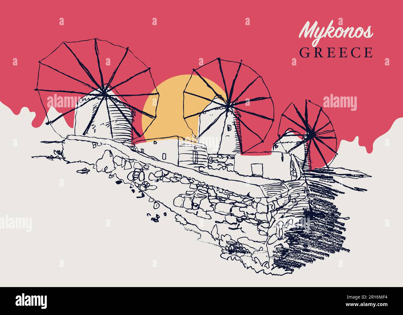 Vektor handgezeichnete Skizzenillustration der traditionellen ägäischen Windmühlen auf der griechischen Insel Mykonos. Stockfoto
