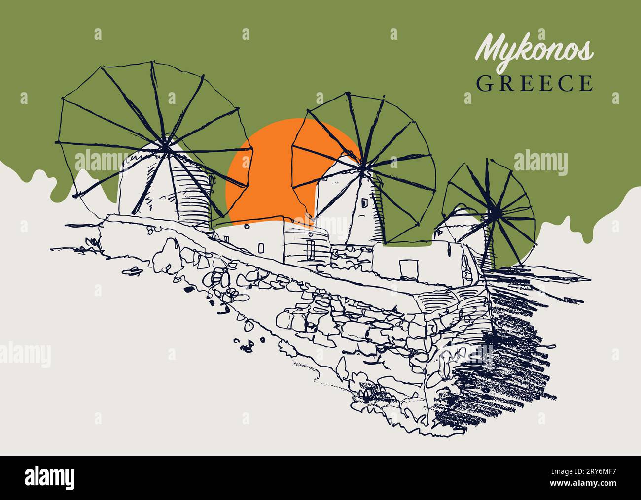 Vektor handgezeichnete Skizzenillustration der traditionellen ägäischen Windmühlen auf der griechischen Insel Mykonos. Stockfoto