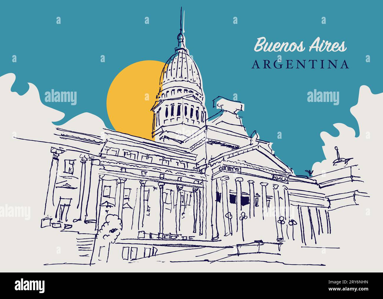 Vector Hand gezeichnete Skizzenillustration des Repräsentantenhauses Argentiniens in Buenos Aires. Stockfoto