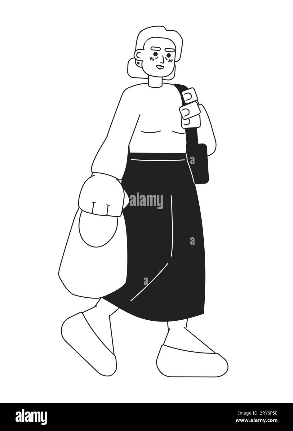Oma Old Woman geht in schwarz-weißer 2D-Zeichentrickfigur einkaufen Stock Vektor