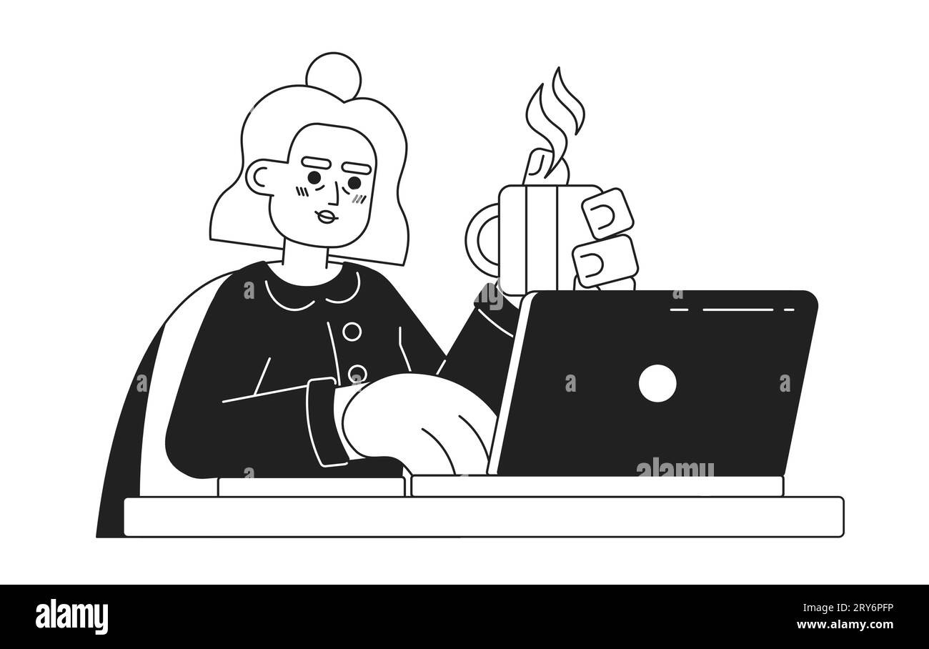 Hispanische ältere Frau, die im Internet surft, schwarz-weiße 2D-Zeichentrickfigur Stock Vektor