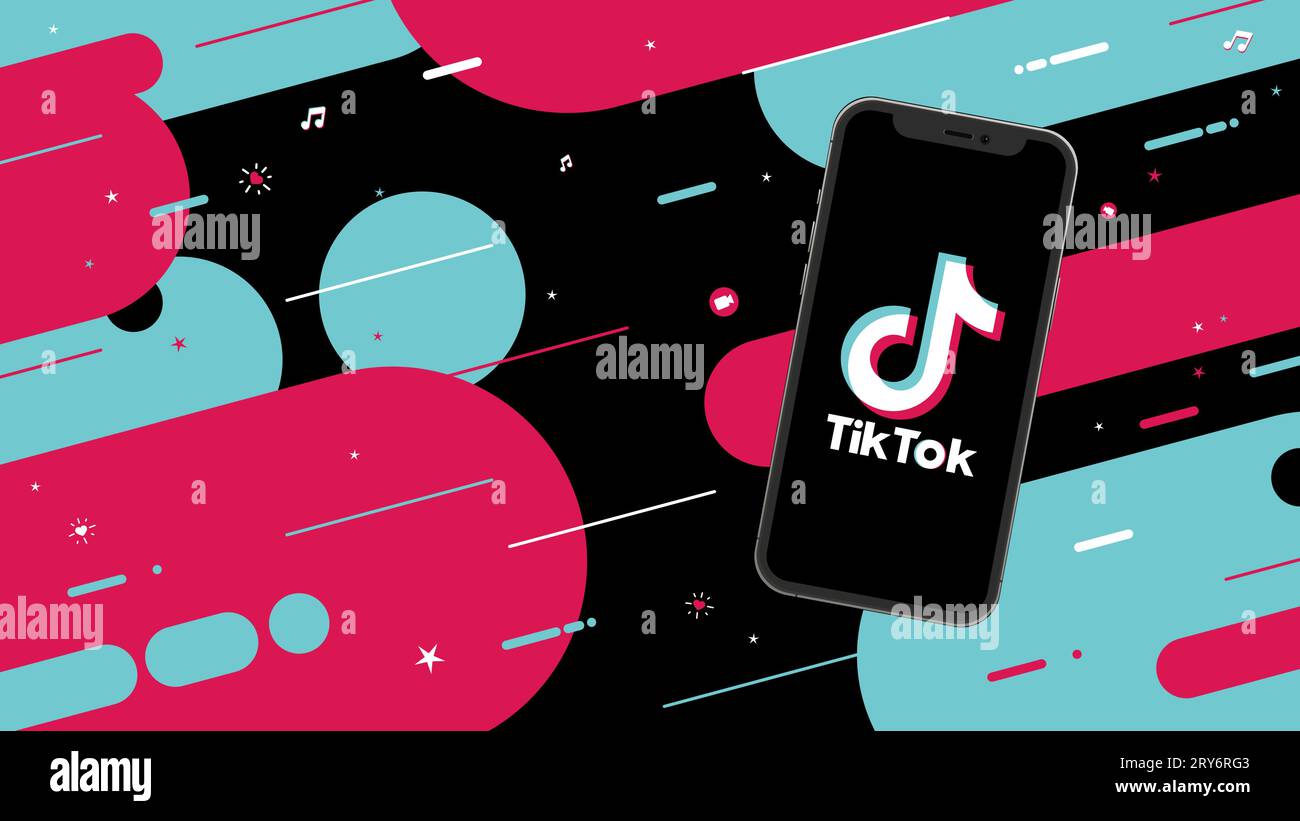 Tik Tok Logo auf dem Bildschirm des Telefons mit einem modernen Muster, bestehend aus farbigen Streifen auf einem dunklen Hintergrund. Vektorillustration. Stock Vektor
