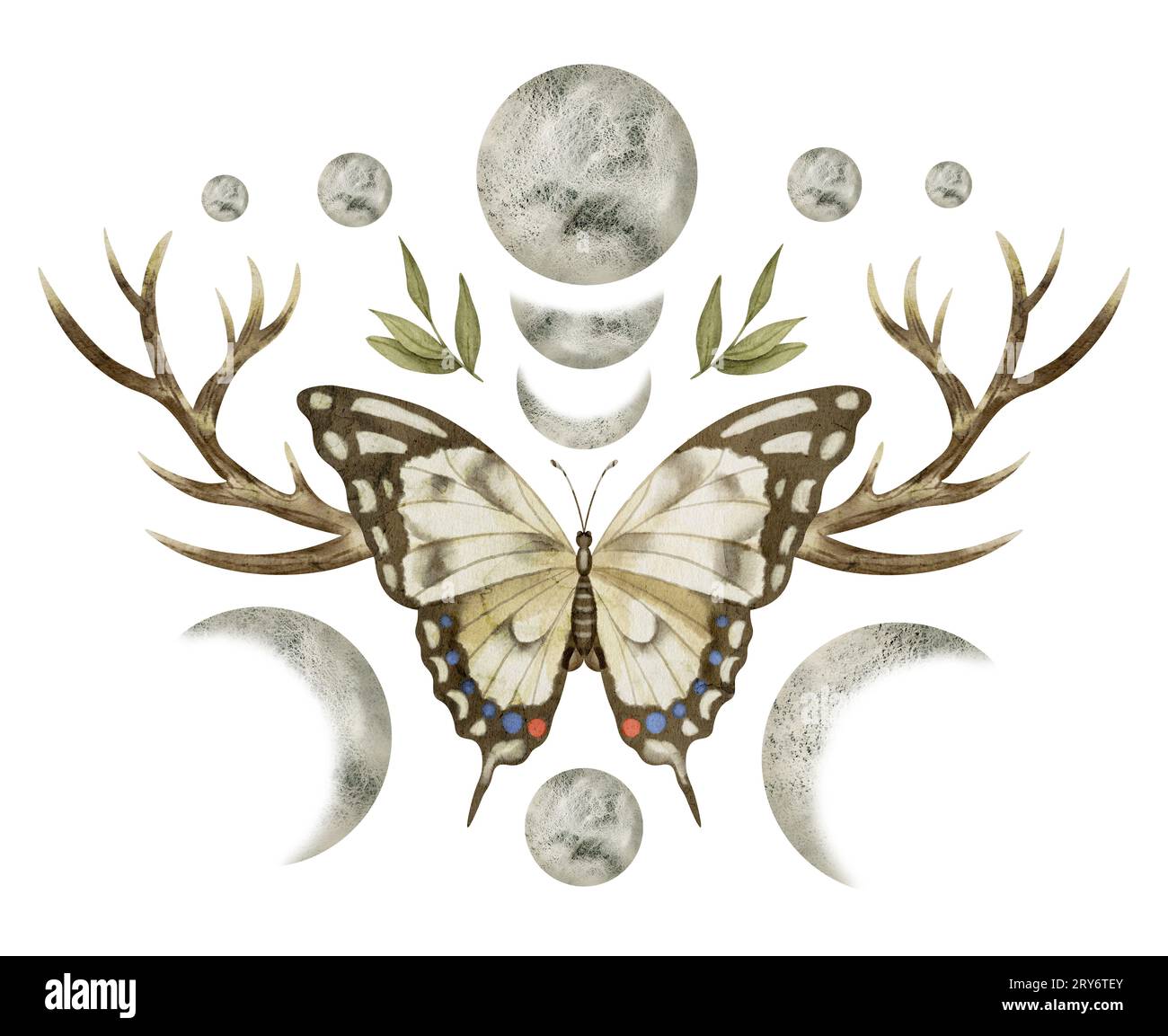 Schmetterling mit Monden und Hirschhörnern. Aquarelldarstellung eines Insekts mit Flügeln und Geweih in einer magischen Himmelskomposition. Hand gezeichnet auf einem weißen isolierten Hintergrund. Vintage-Esoterik-Druck. Stockfoto