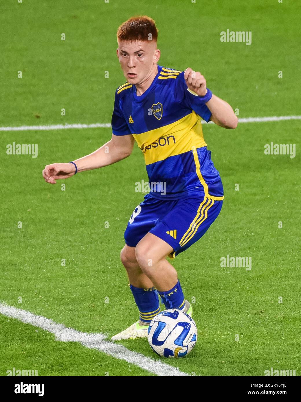 Buenos Aires, Argentinien. September 2023 28. Valentin Barco von den Boca Juniors spielte während des Copa Libertadores Matches, Halbfinale, Leg 1, zwischen den Boca Juniors und Palmeiras im La Bombonera Stadium am 28. September 2023 in Buenos Aires, Spanien. (Foto von Santiago Joel Abdala/pressinphoto/SIPA USA)FOTO: SIPA US/Alamy Live News Stockfoto
