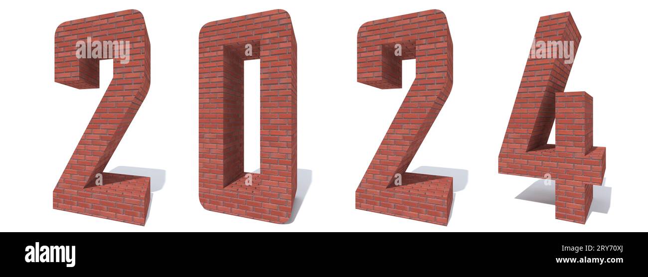 Konzept oder Konzept 2024 Jahre aus roten schweren, rauen Ziegeln isoliert auf weißem Hintergrund. Eine abstrakte 3D-Illustration als Metapher für die Zukunft Stockfoto