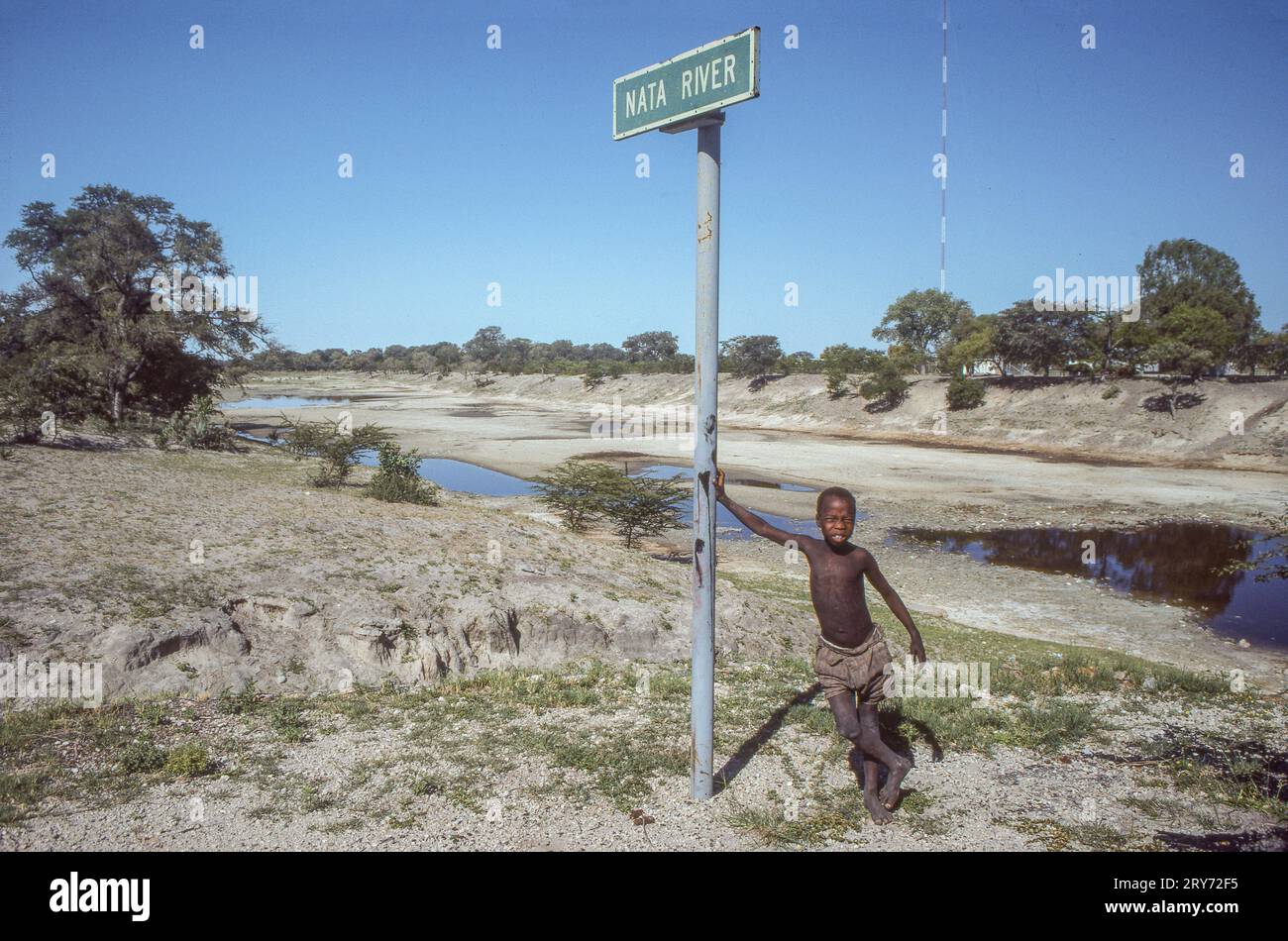 Botswana, trockenes Flussbett des Nata-Flusses. Der Nata River oder Manzamnyama River ist ein flüchtiger Fluss, der in Simbabwe und Botswana fließt. Der Ursprung des Flusses Stockfoto
