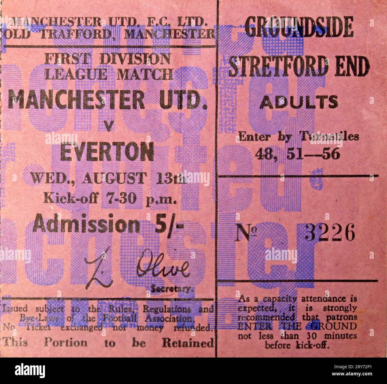 Manchester Stretford End Fußballticket, MUFC gegen Everton Mi 13/08/1969 19:30 Uhr Ergebnis war 0-2 - Stubs, Erinnerungsstücke Stockfoto
