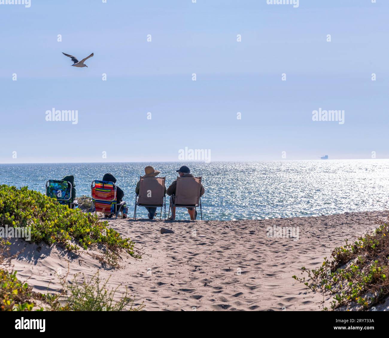 Lompoc, CA, USA – 18. September 2023: Besucher sitzen auf einer Bank mit Blick auf den Pazifik am Jalama Beach in Lompoc, CA. Stockfoto