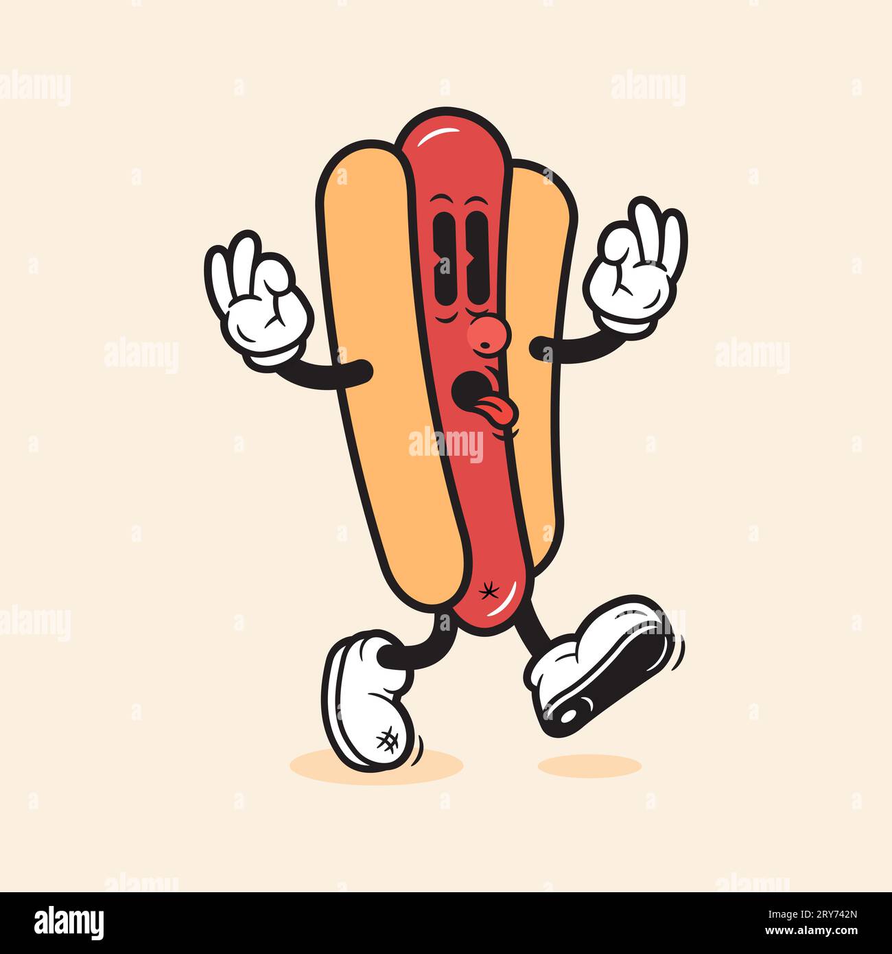 Hot Dog Mascot Cartoon Vintage Hot Dog Charakter Cute Happy Hot Dog Fast Food Mascot Stock Vektor
