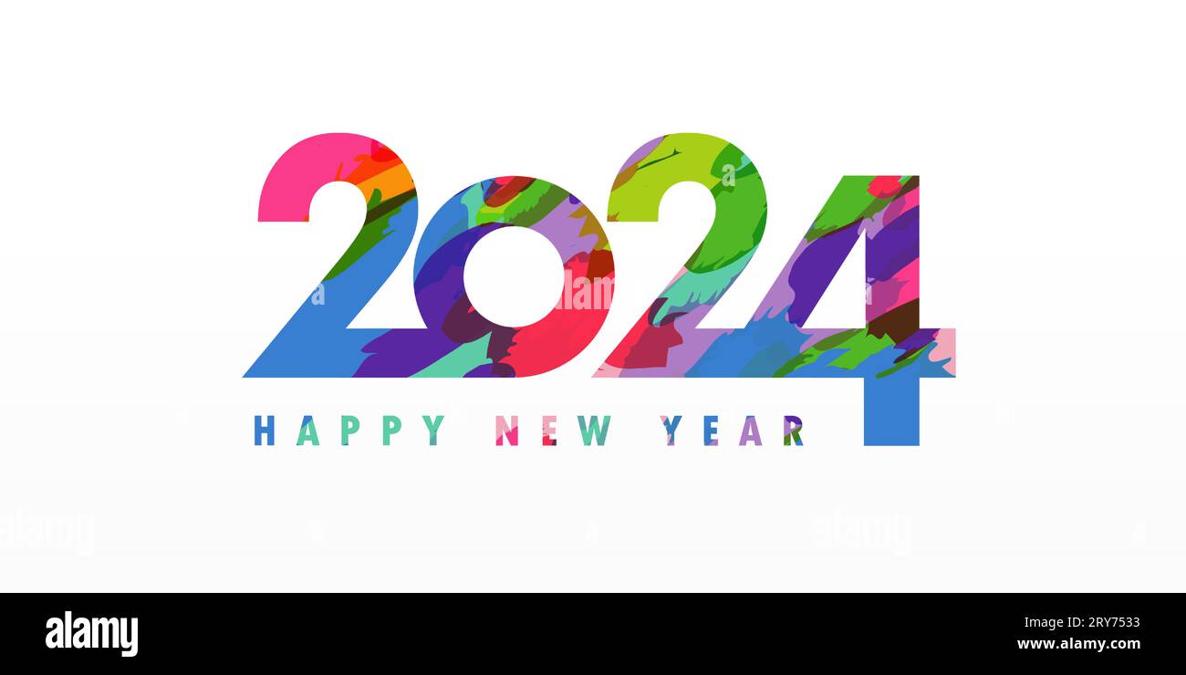 2024 Happy New Year, farbenfrohe Zahlen Begrüßungskonzept. Kreative farbige Nummer 2024. Ein frohes neues Jahr. Regenbogendesign für Poster Stock Vektor