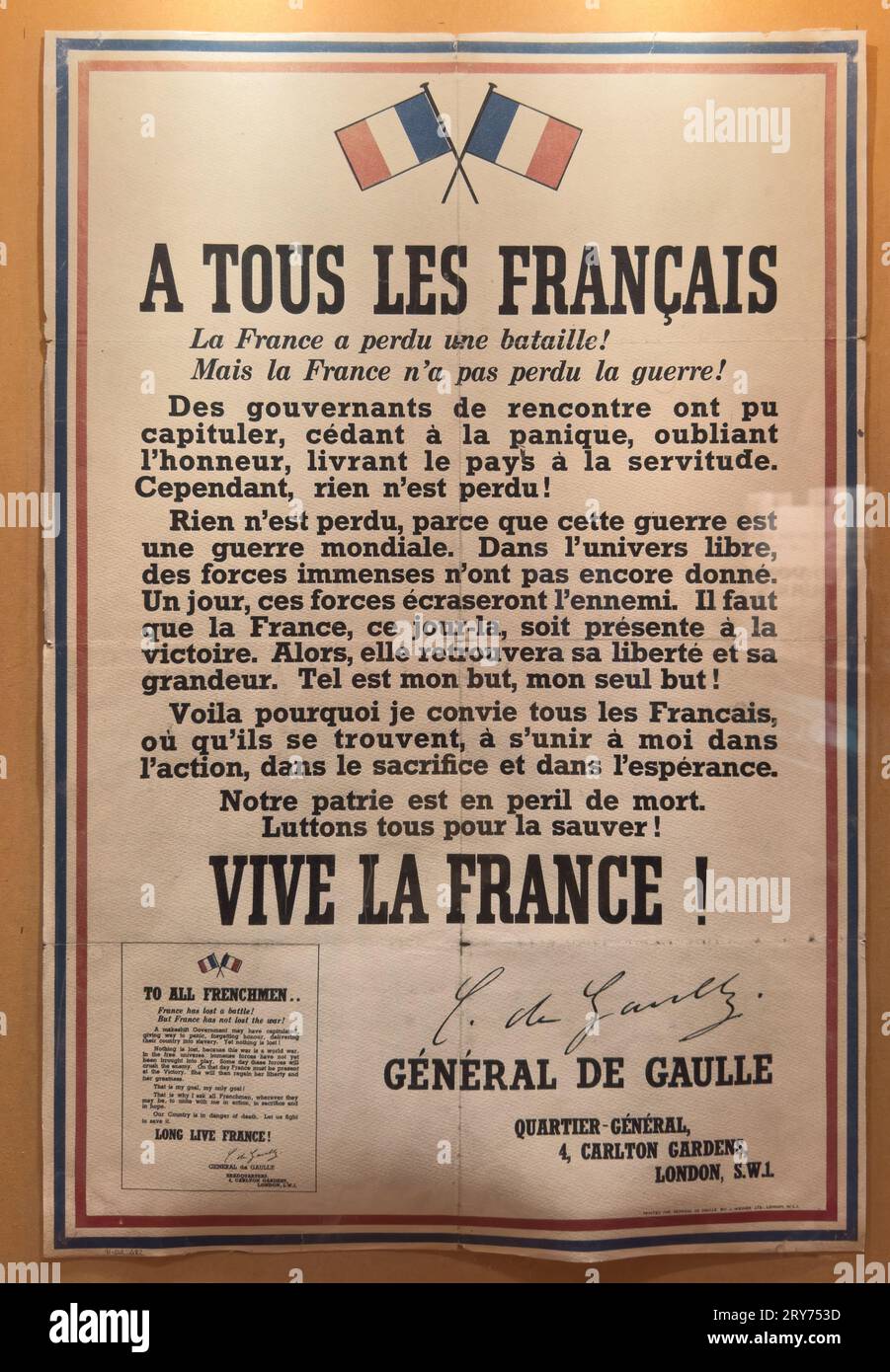 Eine Kopie von General de Gaulles berühmtem Spruch „an alle Franzosen“ im Resistance & Deportation Museum, Grenoble, Frankreich. Sie wurde am 18. Juni ausgestrahlt Stockfoto