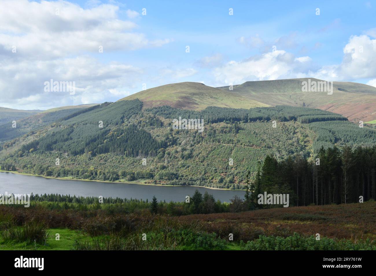 Blick auf Waun Rydd über das Talybont Valley in Powys, in der Central Brecon Beacons Gegend des Nationalparks an einem sonnigen Septembertag. Stockfoto