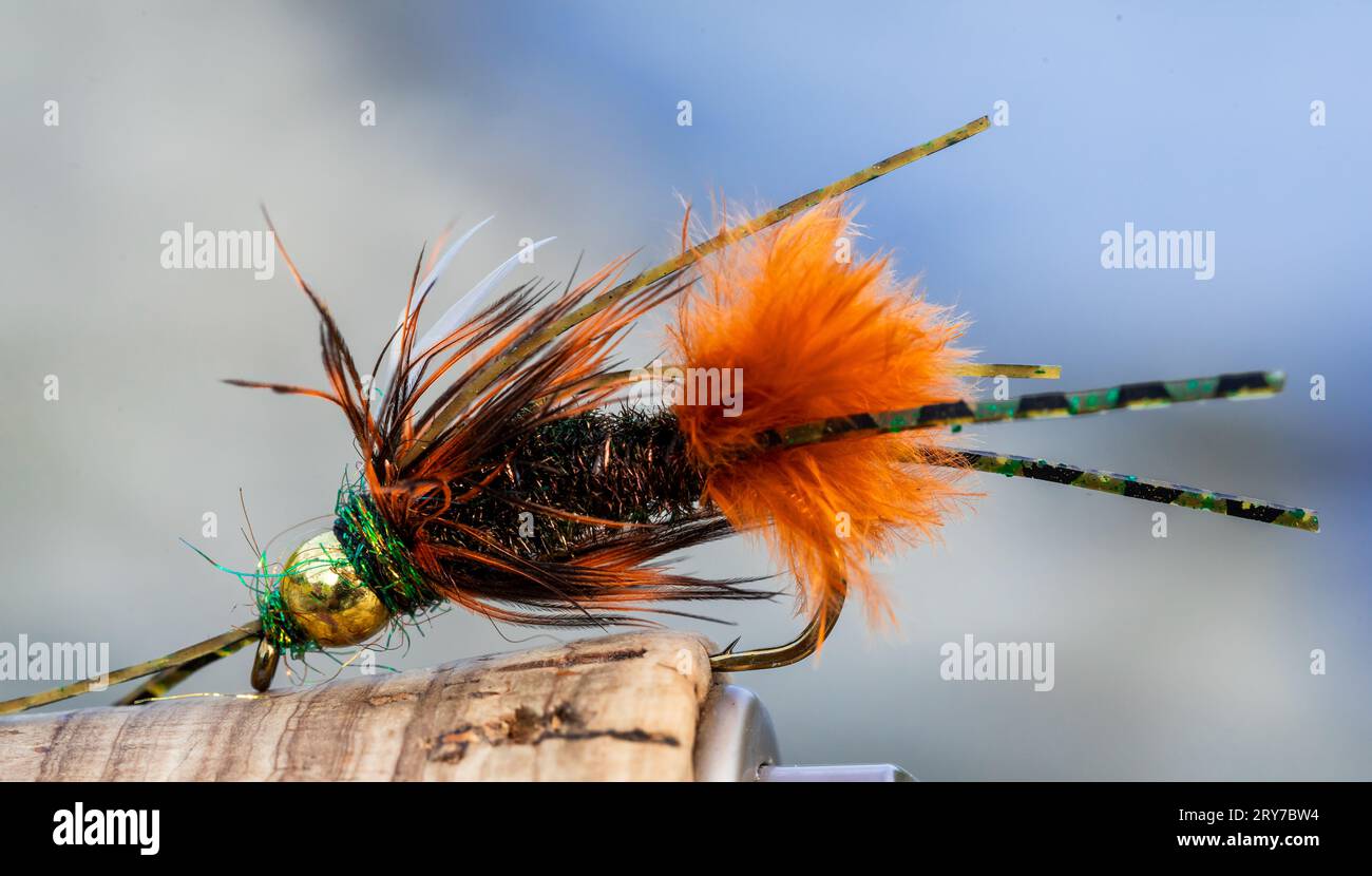 Fliegenfischen Detail Nahaufnahme am Fluss Stockfoto